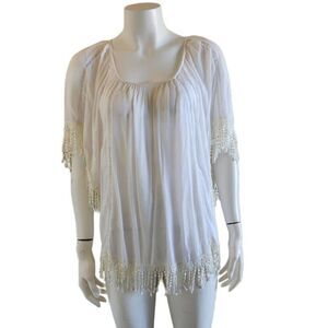 Bali Queen m/L white tassle boho relaxed white flowy blouse swimsuit cover top
